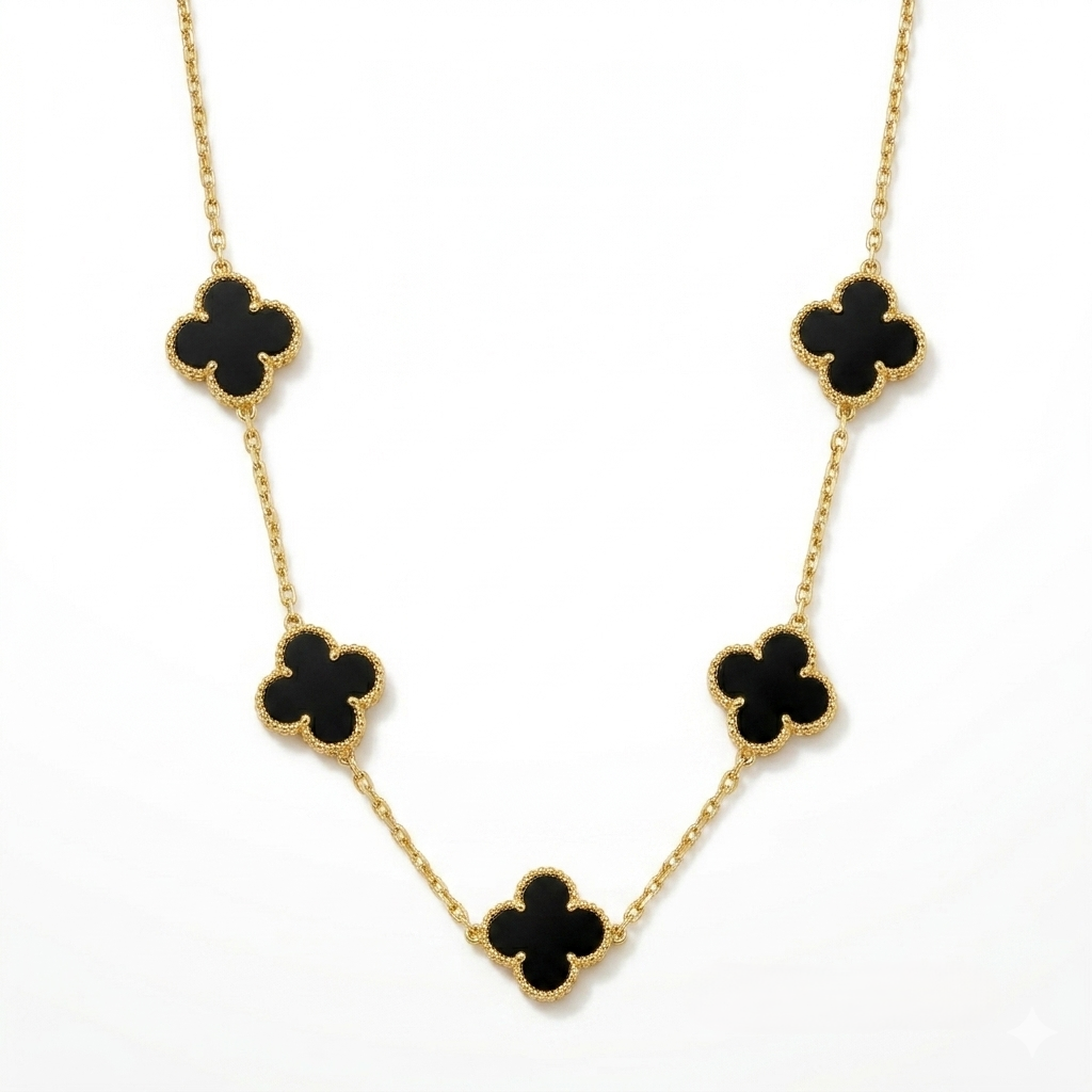 24K Gold 5-Motif Black Onyx Flower Necklace Wholesale