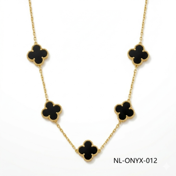 24K Gold 5-Motif Black Onyx Flower Necklace Wholesale