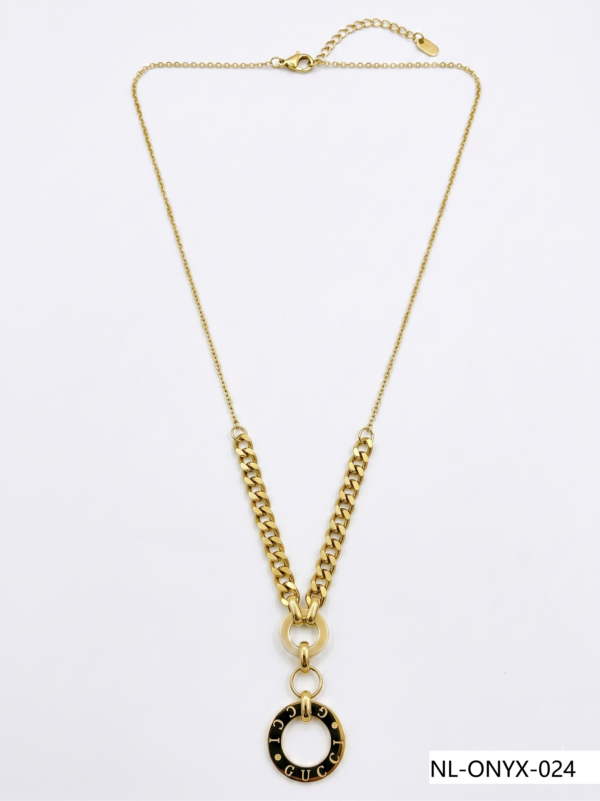 Aura Jewelry 24K Gold Chunky Chain Black Enamel Circle Necklace