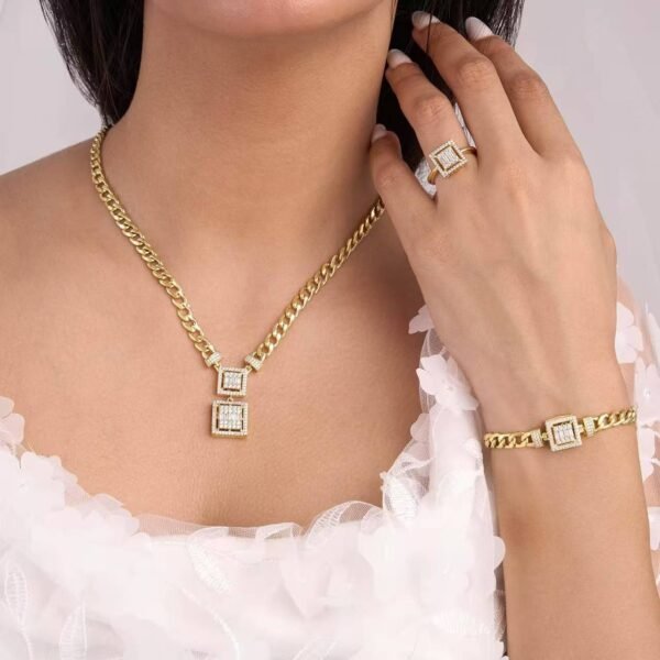 Wholesale 24K Gold Plated Square Baguette Zirconia Cuban Chain 3-Piece Jewelry Set Necklace Bracelet Ring B2B Guangzhou