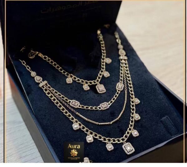 Wholesale 24K Gold Plated Multi Layer Cascading Baguette Zirconia Station Fringe Necklace B2B Jewelry Manufacturer Guangzhou