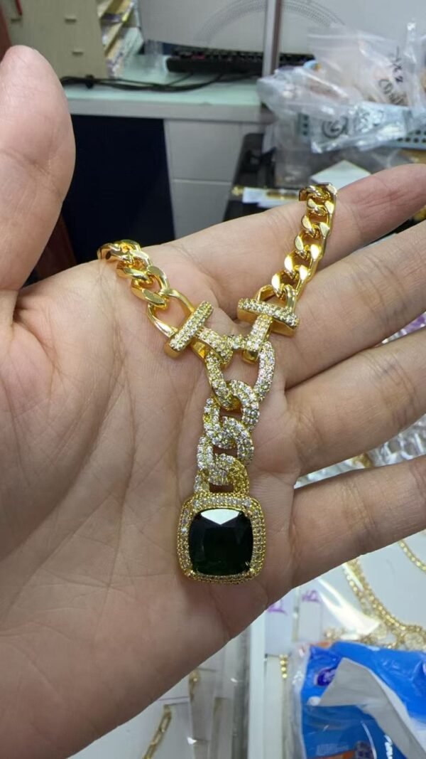 Wholesale 24K Gold Plated Chunky Cuban Chain Iced Out Y Drop Cushion Cut Halo Pendant Necklace B2B Jewelry Factory