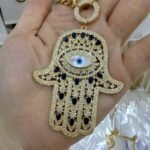 Wholesale 24K Gold Plated Oversized Iced Out Hamsa Hand of Fatima Evil Eye Pendant Cuban Chain Necklace B2B Guangzhou Factory