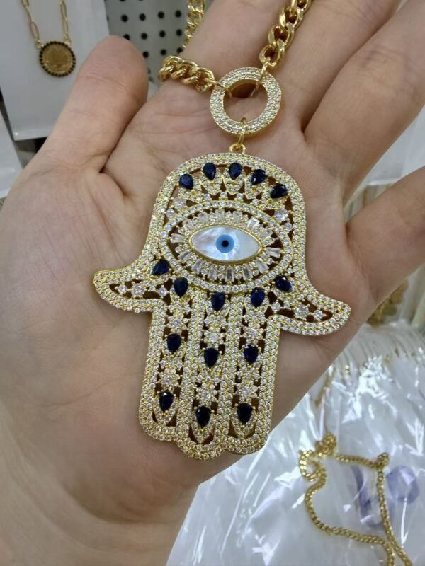 Wholesale 24K Gold Plated Oversized Iced Out Hamsa Hand of Fatima Evil Eye Pendant Cuban Chain Necklace B2B Guangzhou Factory