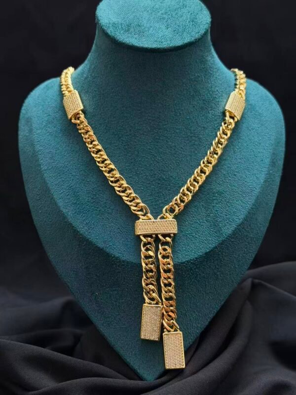 Wholesale 24K Gold Plated Heavyweight Chunky Cuban Chain Double Y Drop Lariat Necklace Iced Out Bar Stations B2B Guangzhou Factory