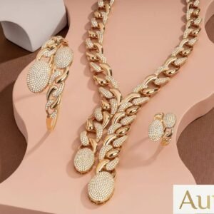 Wholesale 24K Gold Plated Heavyweight Chunky Cuban Chain Oval Pave Double Drop Necklace Bracelet Ring 3-Piece Set B2B Guangzhou Factory