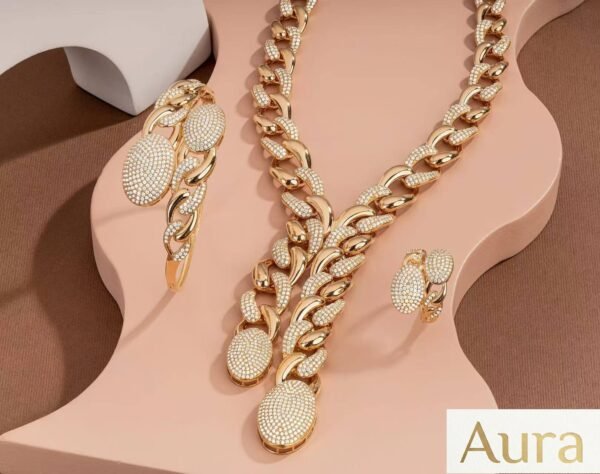 Wholesale 24K Gold Plated Heavyweight Chunky Cuban Chain Oval Pave Double Drop Necklace Bracelet Ring 3-Piece Set B2B Guangzhou Factory