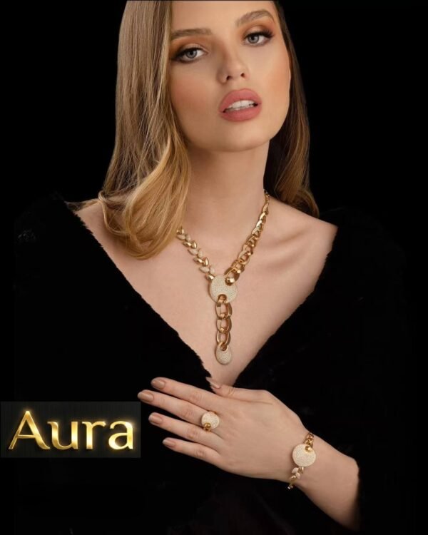 Wholesale 24K Gold Plated Heavyweight Chunky Cuban Chain Oval Pave Double Drop Necklace Bracelet Ring 3-Piece Set B2B Guangzhou Factory