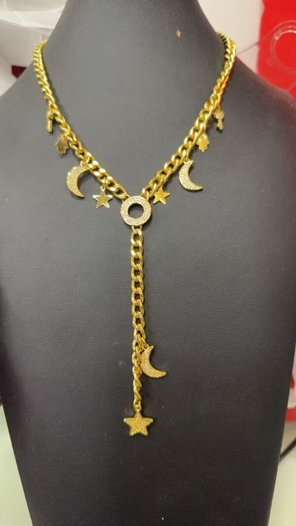 Wholesale 24K Gold Plated Celestial Crescent Moon Star Hamsa Hand Evil Eye Charm Y-Necklace Lariat Cuban Chain B2B Guangzhou Factory