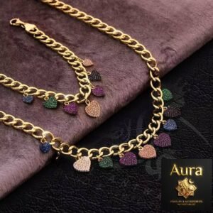 Wholesale 24K Gold Plated Multi Color Pave Heart Charm Fringe Necklace Bracelet 2-Piece Jewelry Set B2B Guangzhou Factory