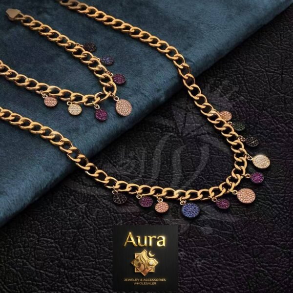 Wholesale 24K Gold Plated Multi Color Pave Heart Charm Fringe Necklace Bracelet 2-Piece Jewelry Set B2B Guangzhou Factory