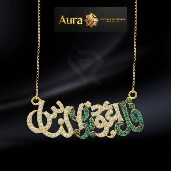 Wholesale 24K Gold Plated Iced Out Arabic Calligraphy Mashallah Pendant Necklace Green Zirconia B2B Guangzhou Factory