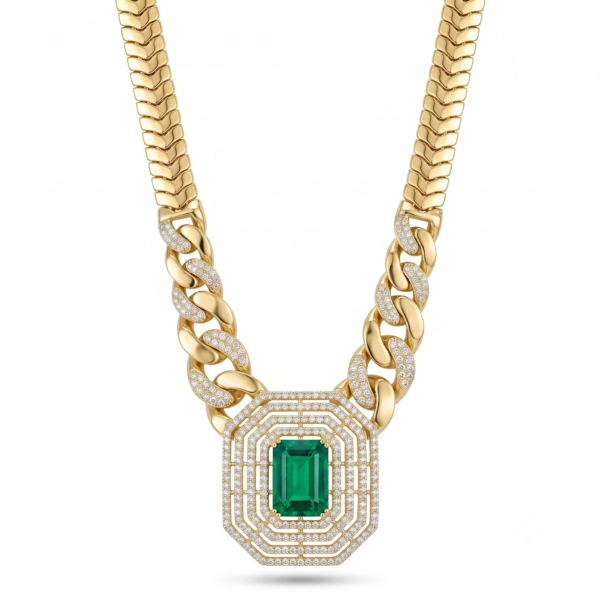 Wholesale 24K Gold Plated Emerald Cut Art Deco Geometric Pendant Iced Out Cuban Herringbone Chain Necklace B2B Guangzhou Factory