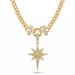 Wholesale 24K Gold Plated Iced Out North Starburst Pendant Chunky Cuban Chain Front Clasp Necklace B2B Guangzhou Factory