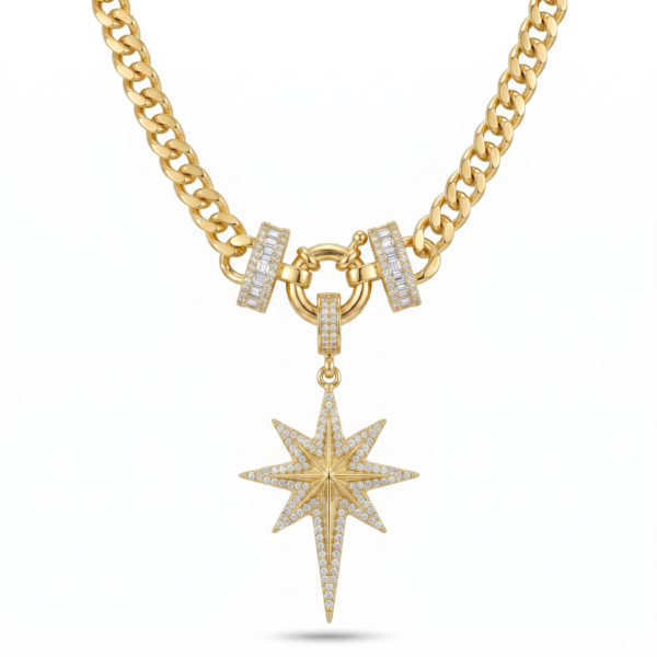 Wholesale 24K Gold Plated Iced Out North Starburst Pendant Chunky Cuban Chain Front Clasp Necklace B2B Guangzhou Factory