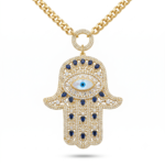 Wholesale 24K Gold Plated Oversized Iced Out Hamsa Hand of Fatima Evil Eye Pendant Cuban Chain Necklace B2B Guangzhou Factory