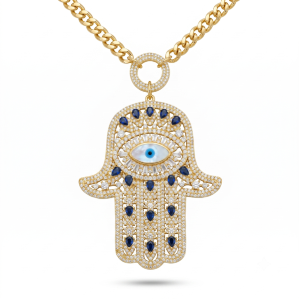 Wholesale 24K Gold Plated Oversized Iced Out Hamsa Hand of Fatima Evil Eye Pendant Cuban Chain Necklace B2B Guangzhou Factory