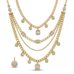 Wholesale 24K Gold Plated Multi Layer Cascading Baguette Zirconia Station Fringe Necklace B2B Jewelry Manufacturer Guangzhou