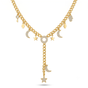 Wholesale 24K Gold Plated Celestial Crescent Moon Star Hamsa Hand Evil Eye Charm Y-Necklace Lariat Cuban Chain B2B Guangzhou Factory