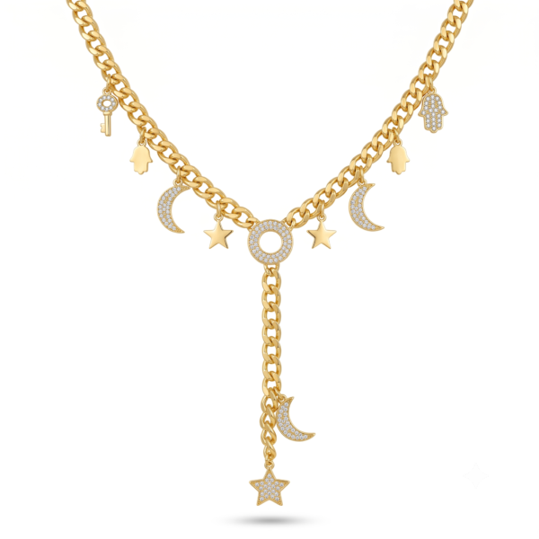 Wholesale 24K Gold Plated Celestial Crescent Moon Star Hamsa Hand Evil Eye Charm Y-Necklace Lariat Cuban Chain B2B Guangzhou Factory