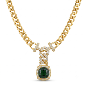 Wholesale 24K Gold Plated Chunky Cuban Chain Iced Out Y Drop Cushion Cut Halo Pendant Necklace B2B Jewelry Factory