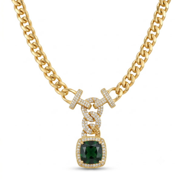 Wholesale 24K Gold Plated Chunky Cuban Chain Iced Out Y Drop Cushion Cut Halo Pendant Necklace B2B Jewelry Factory