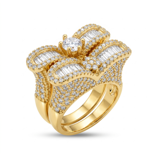 Wholesale Dubai style chunky zircon ring, 24K gold plated waterproof jewelry.