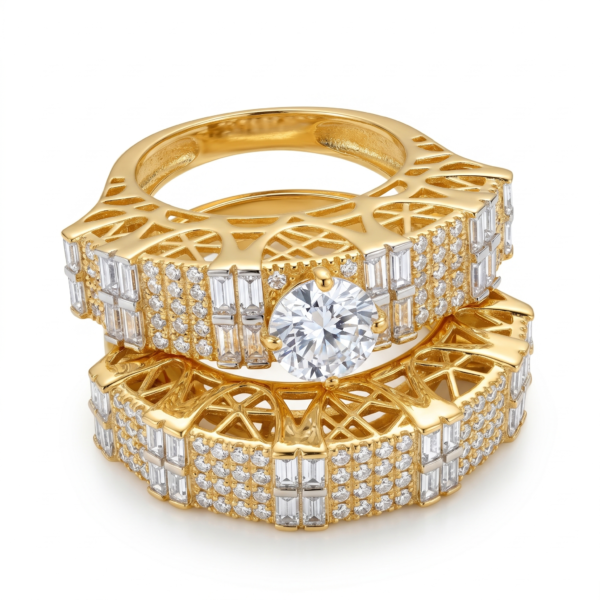 Wholesale Dubai style chunky zircon ring, 24K gold plated waterproof jewelry.