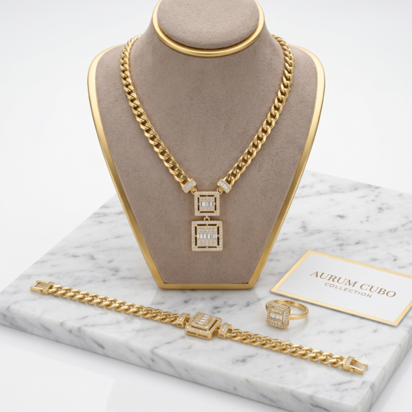 Wholesale 24K Gold Plated Square Baguette Zirconia Cuban Chain 3-Piece Jewelry Set Necklace Bracelet Ring B2B Guangzhou