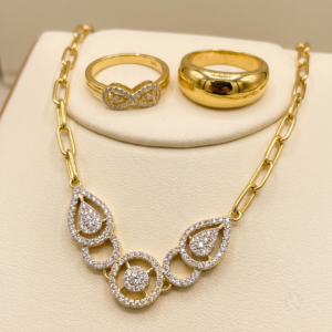 Wholesale 24K Gold Plated Paperclip Link Chain Geometric Teardrop Pave Zirconia Necklace Set B2B Jewelry Supplier Guangzhou