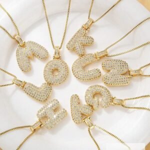 Wholesale 24K Gold Plated Iced Out Bubble Initial Letter Necklace A-Z Pendants B2B Guangzhou Factory