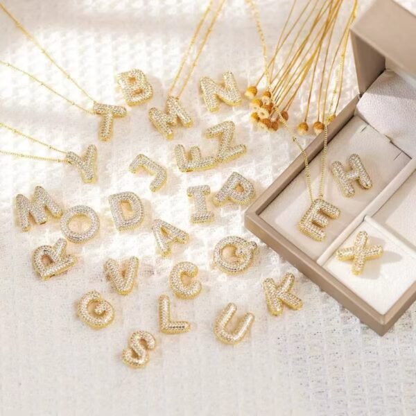 Wholesale 24K Gold Plated Iced Out Bubble Initial Letter Necklace A-Z Pendants B2B Guangzhou Factory