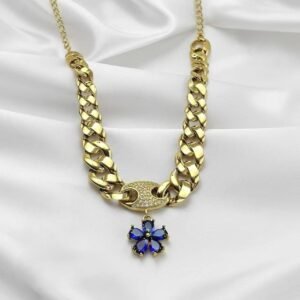 Wholesale 24K Gold Plated Chunky Cuban Chain Sapphire Blue Floral Pendant Necklace Urban Jewelry B2B Factory