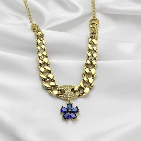 Wholesale 24K Gold Plated Chunky Cuban Chain Sapphire Blue Floral Pendant Necklace Urban Jewelry B2B Factory