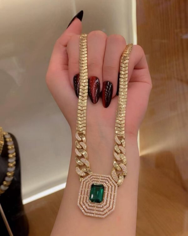 Wholesale 24K Gold Plated Emerald Cut Art Deco Geometric Pendant Iced Out Cuban Herringbone Chain Necklace B2B Guangzhou Factory